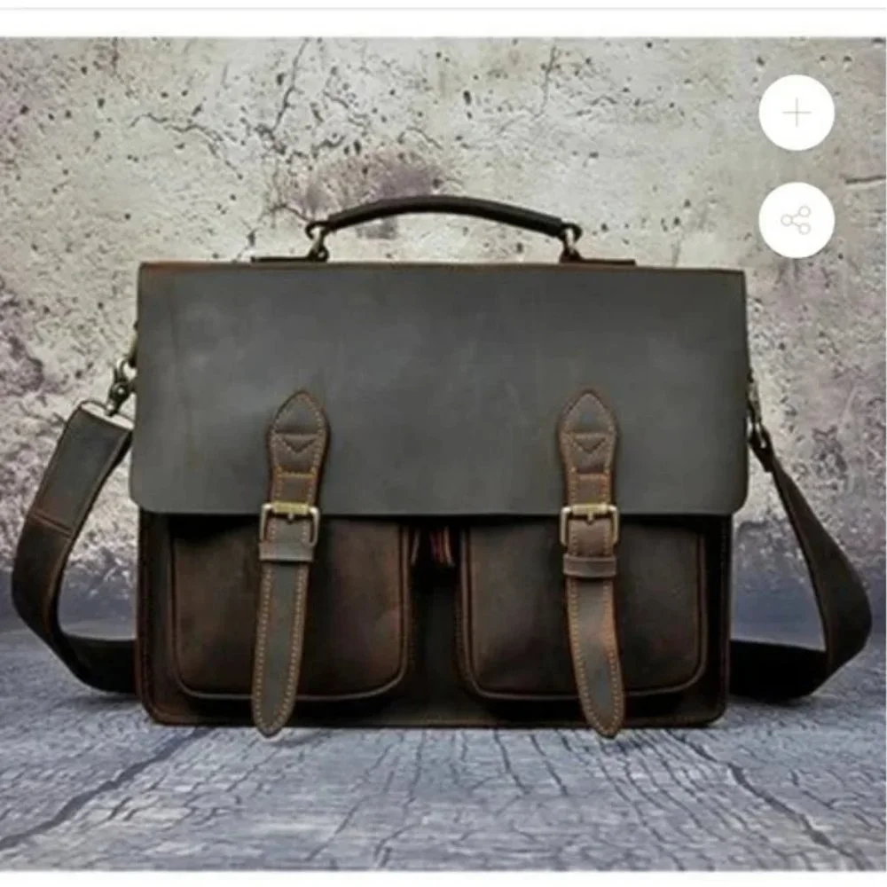 Handmade CRAZY HORSE LEATHER RETRO DESIGNER BUSINESS BRIEFCASE - Picture 5 of 6